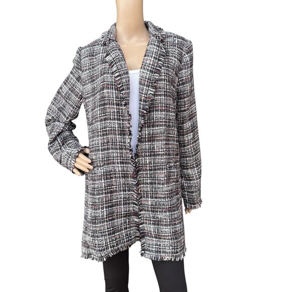 Carolina Belle Montreal L Tweed Fringed Open Front Jacket Notched Lapel Blazer - Picture 1 of 6